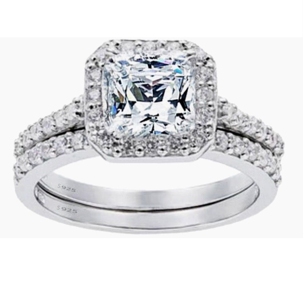 Sterling Silver White Halo Engagement Ring Set with Center Stone